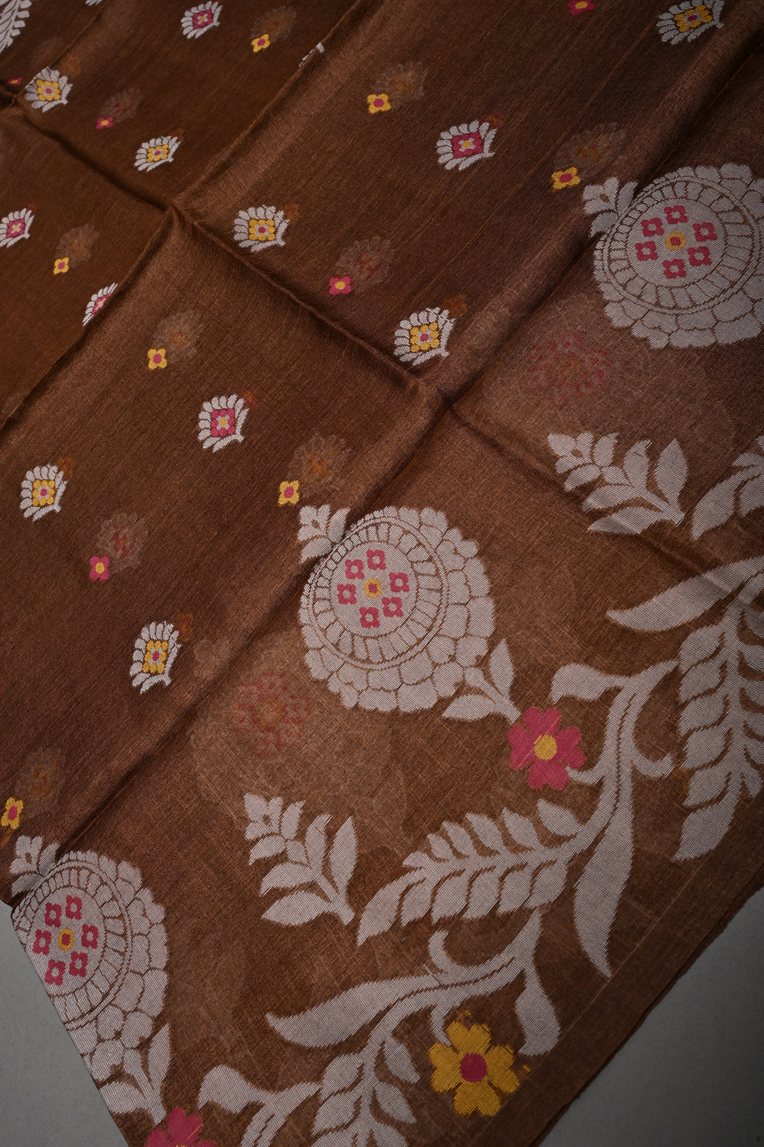 Coffee Brown Tussar Silk Saree with Jamdani Weave Buttas and Border  | SILK MARK CERTIFIED
