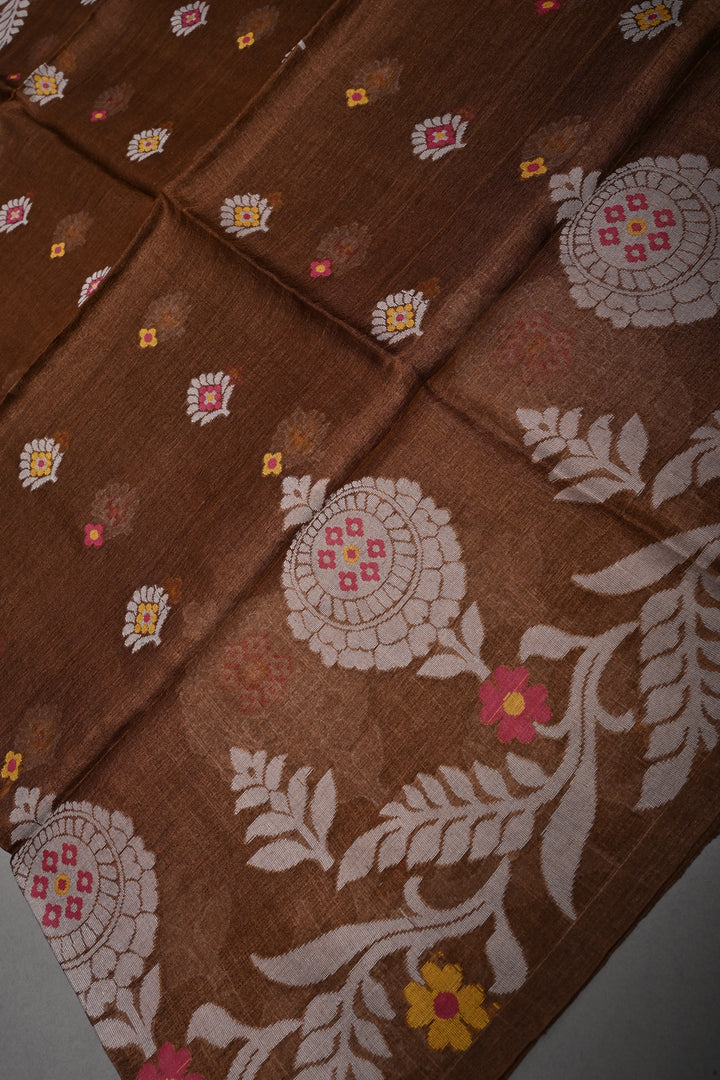 Coffee Brown Tussar Silk Saree with Jamdani Weave Buttas and Border  | SILK MARK CERTIFIED