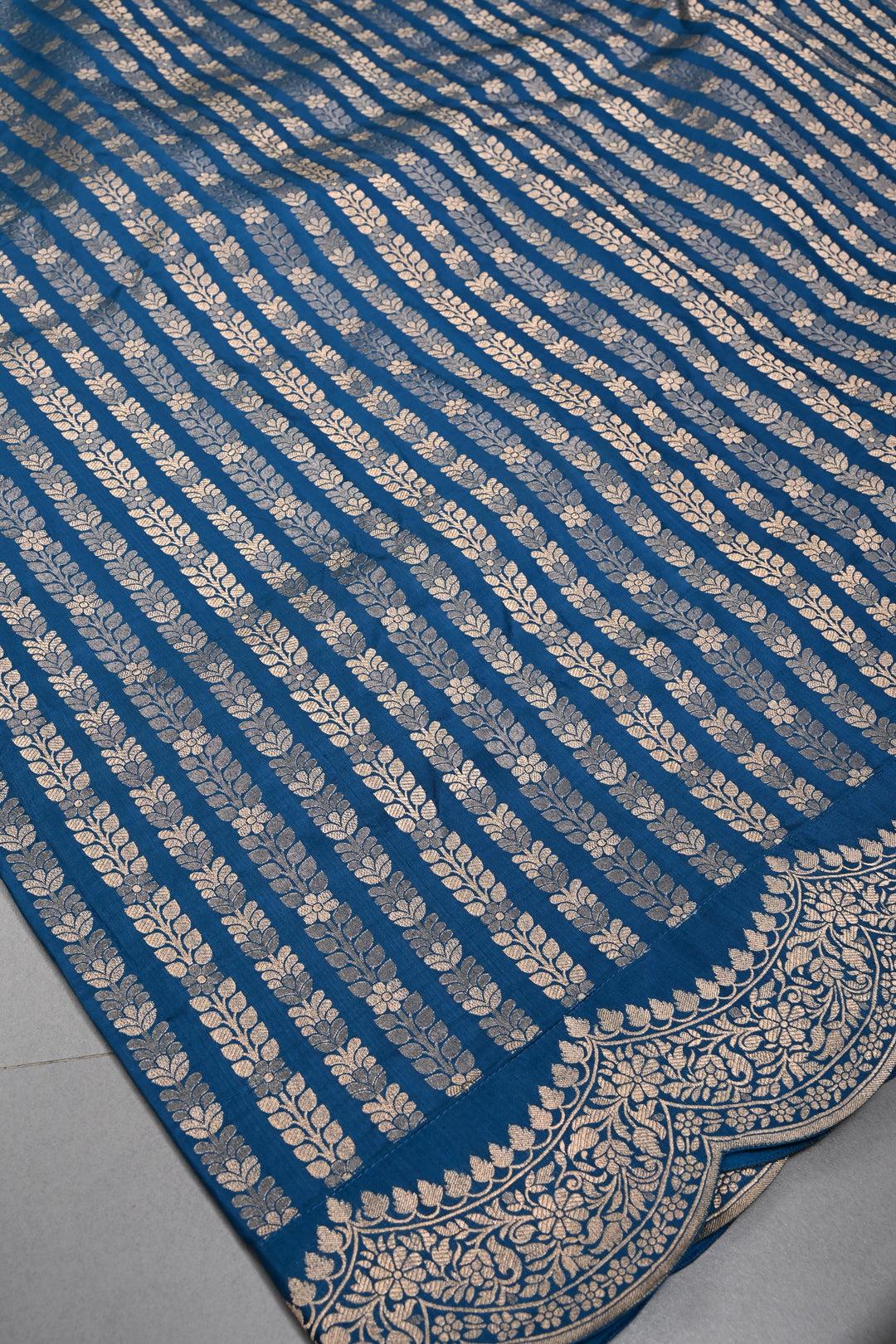 Peacock Blue Banarasi Katan Silk Saree with Floral Vertical Zari Stripes and Scallop Zari Border | SILK MARK CERTIFIED | SHOBITAM