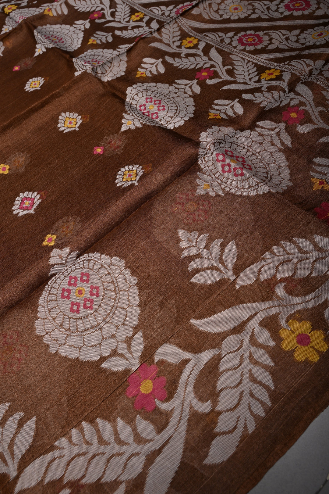 Coffee Brown Tussar Silk Saree with Jamdani Weave Buttas and Border  | SILK MARK CERTIFIED