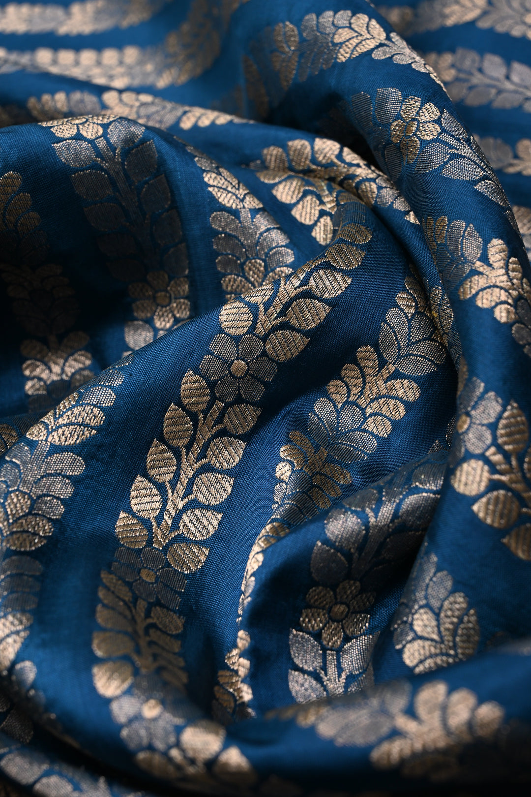 Peacock Blue Banarasi Katan Silk Saree with Floral Vertical Zari Stripes and Scallop Zari Border | SILK MARK CERTIFIED | SHOBITAM