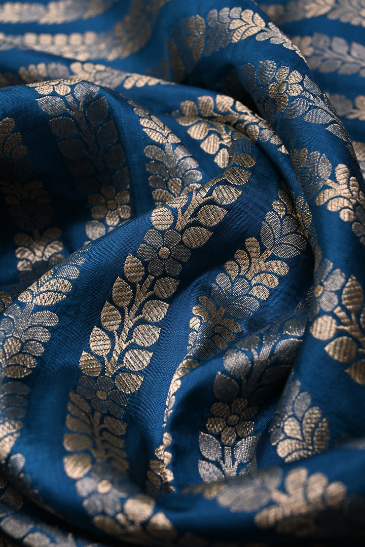 Peacock Blue Banarasi Katan Silk Saree with Floral Vertical Zari Stripes and Scallop Zari Border | SILK MARK CERTIFIED | SHOBITAM