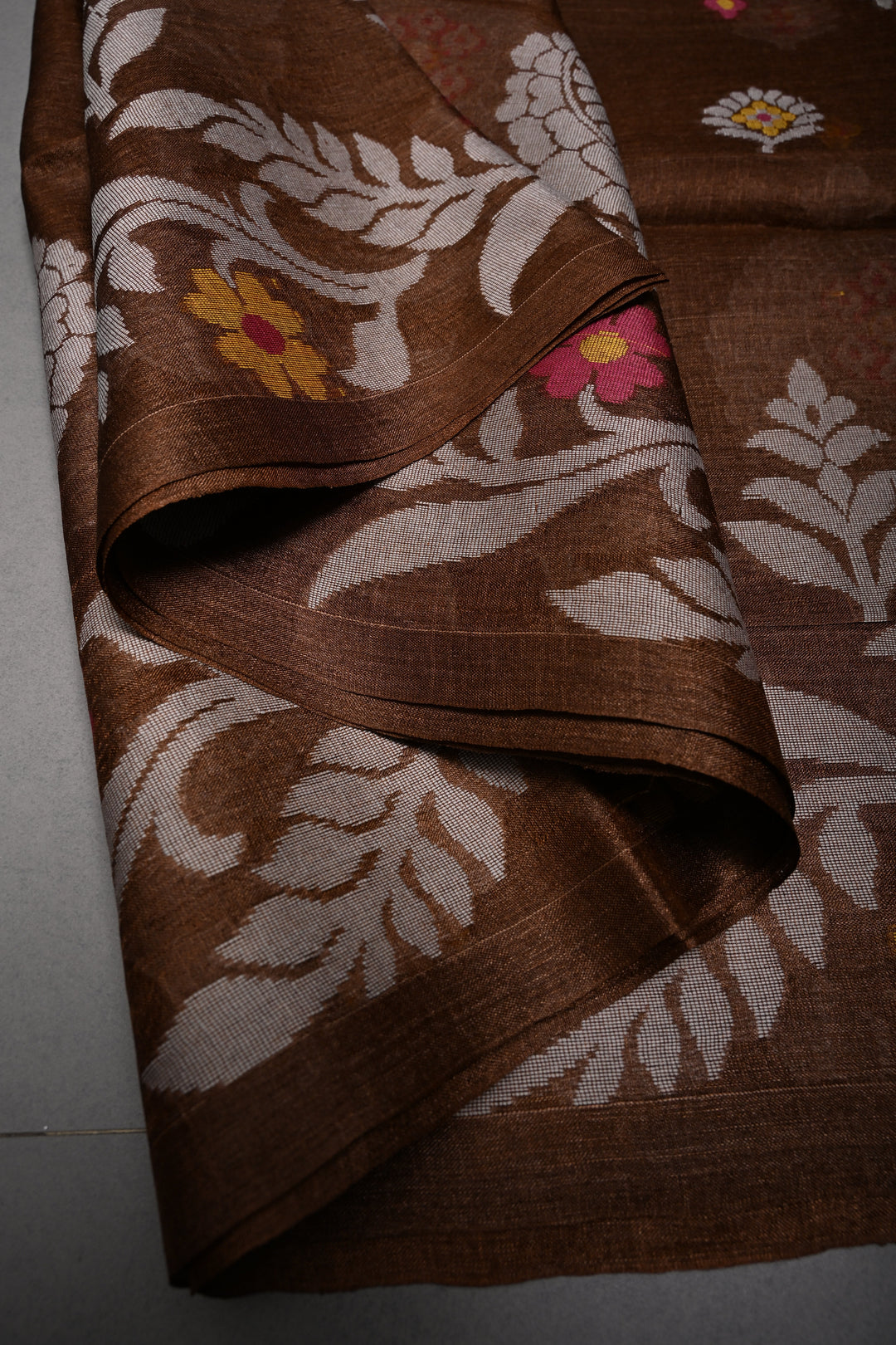Coffee Brown Tussar Silk Saree with Jamdani Weave Buttas and Border  | SILK MARK CERTIFIED