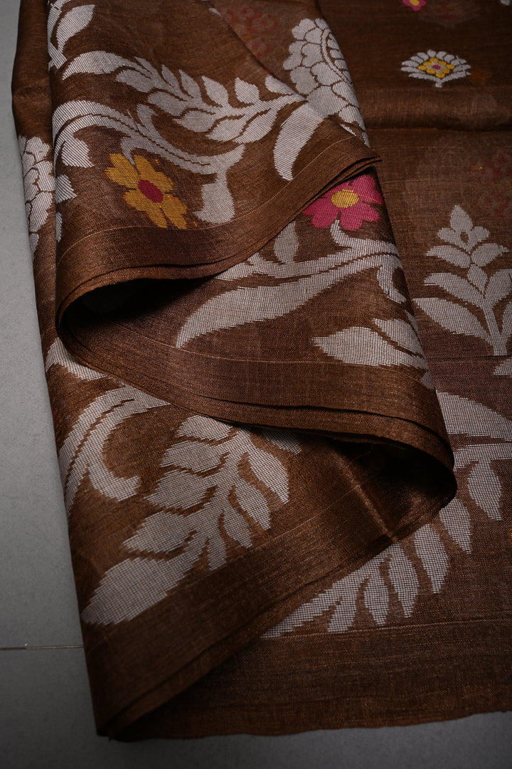 Coffee Brown Tussar Silk Saree with Jamdani Weave Buttas and Border  | SILK MARK CERTIFIED