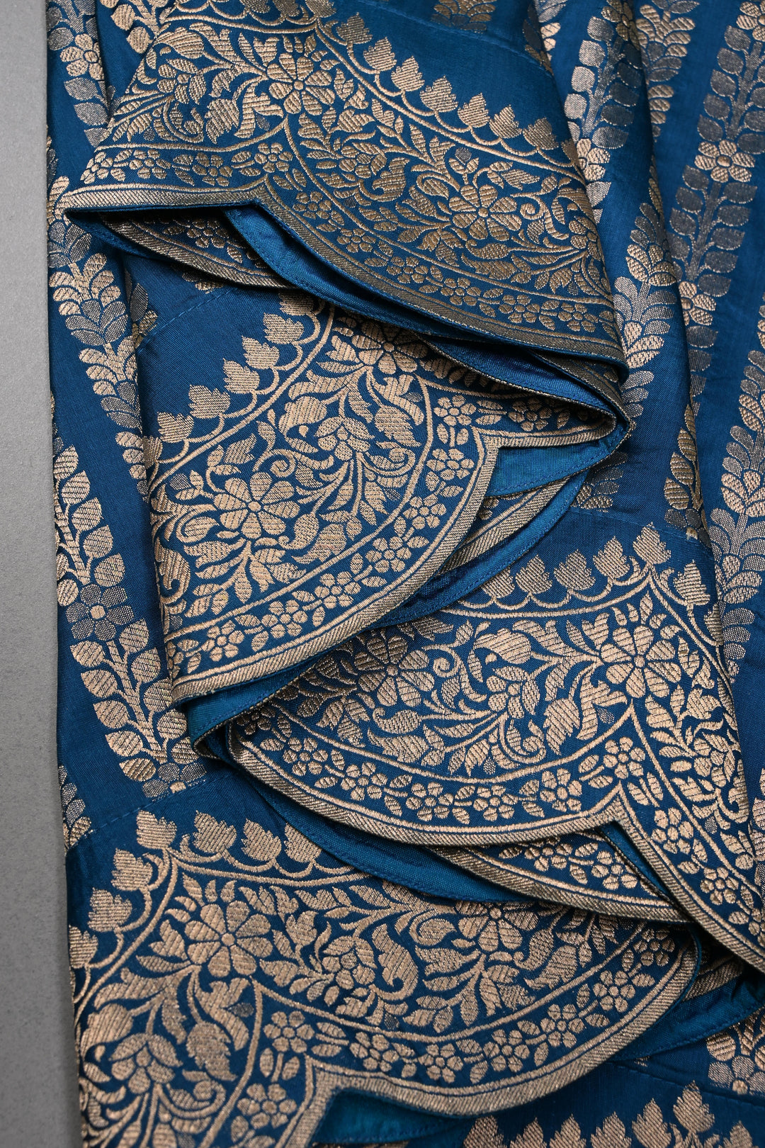 Peacock Blue Banarasi Katan Silk Saree with Floral Vertical Zari Stripes and Scallop Zari Border | SILK MARK CERTIFIED | SHOBITAM