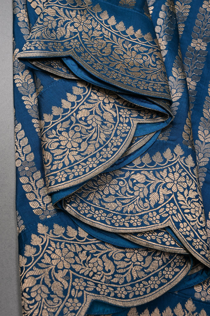 Peacock Blue Banarasi Katan Silk Saree with Floral Vertical Zari Stripes and Scallop Zari Border | SILK MARK CERTIFIED | SHOBITAM