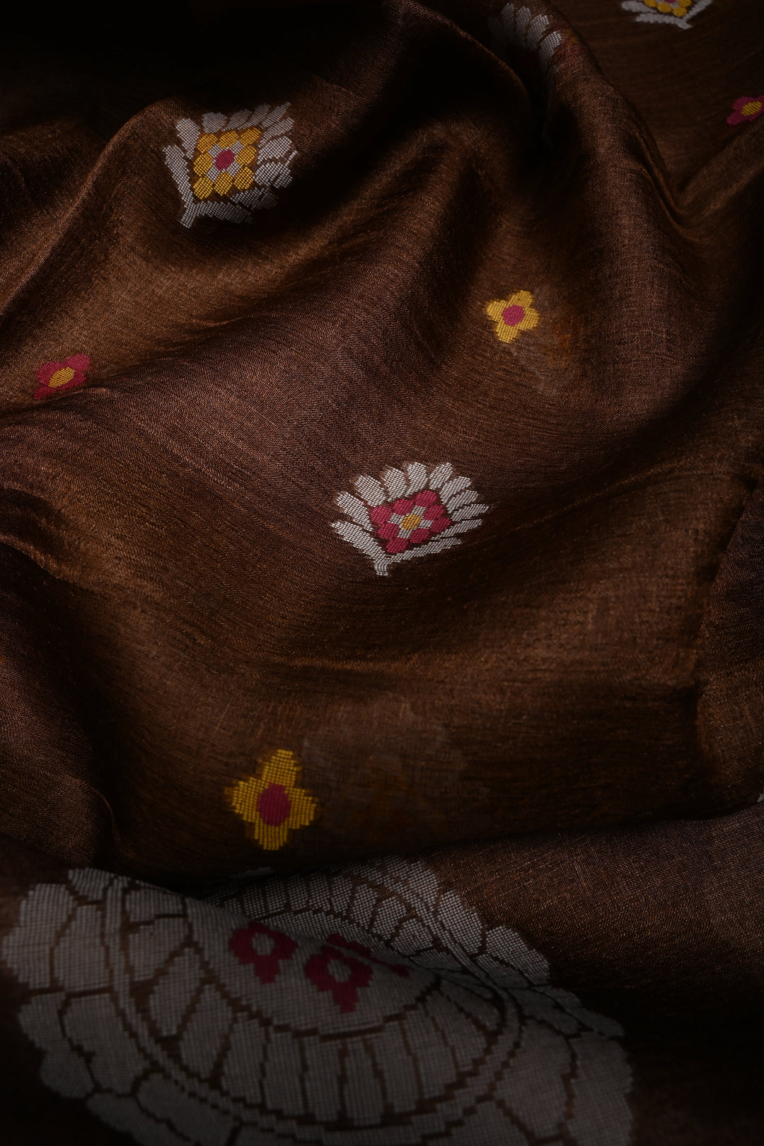 Coffee Brown Tussar Silk Saree with Jamdani Weave Buttas and Border  | SILK MARK CERTIFIED