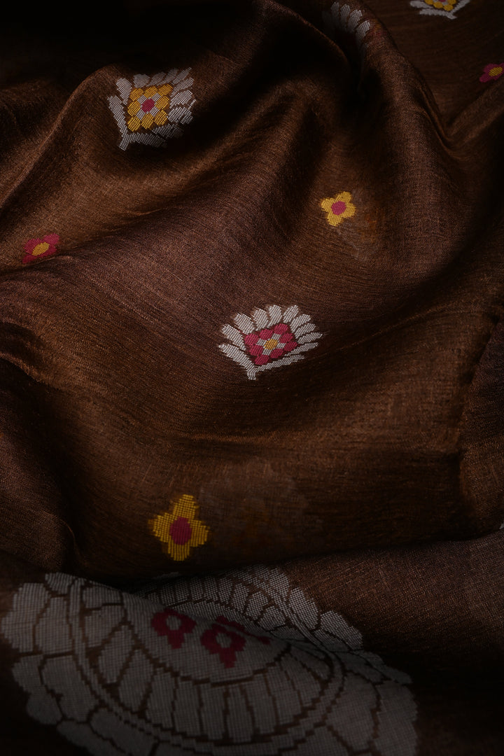 Coffee Brown Tussar Silk Saree with Jamdani Weave Buttas and Border  | SILK MARK CERTIFIED
