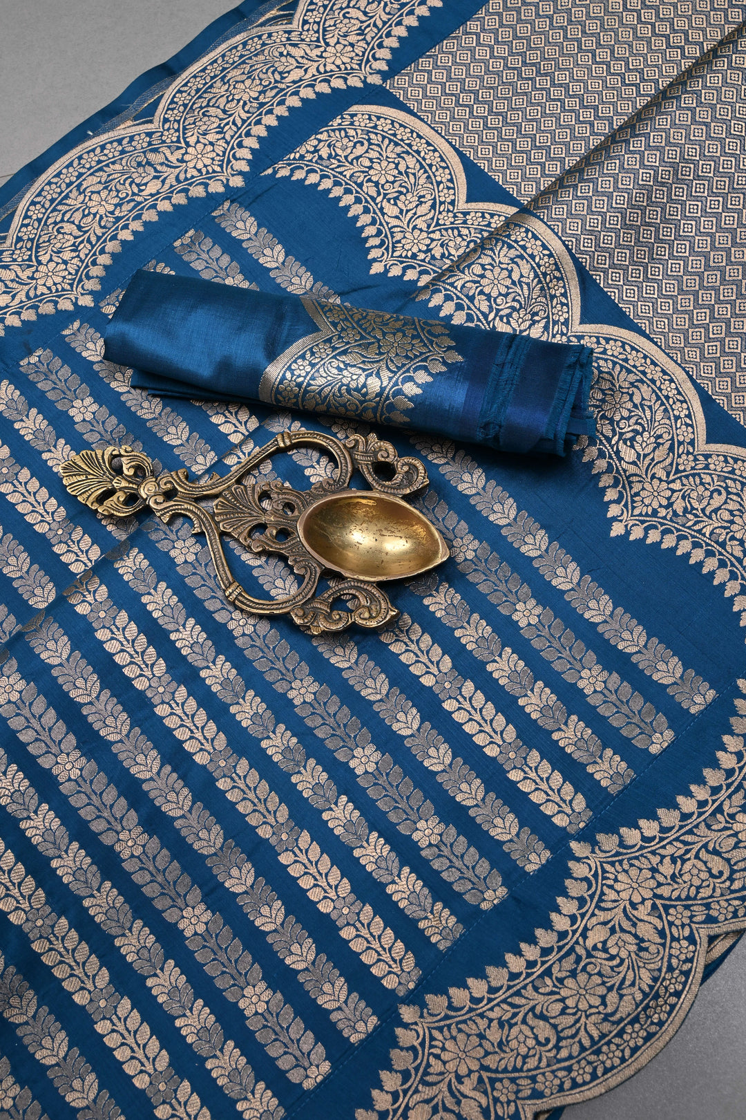 Peacock Blue Banarasi Katan Silk Saree with Floral Vertical Zari Stripes and Scallop Zari Border | SILK MARK CERTIFIED | SHOBITAM