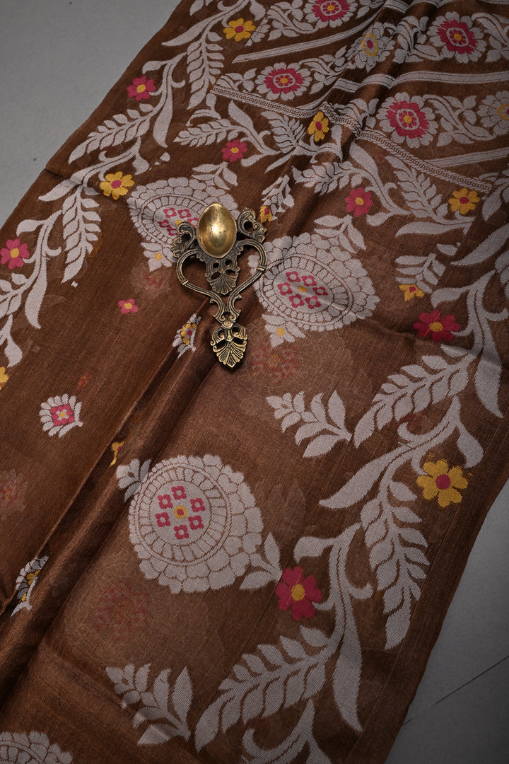 Coffee Brown Tussar Silk Saree with Jamdani Weave Buttas and Border  | SILK MARK CERTIFIED