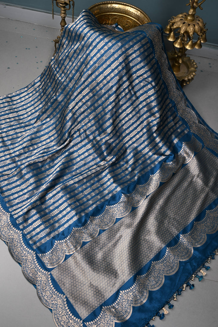 Peacock Blue Banarasi Katan Silk Saree with Floral Vertical Zari Stripes and Scallop Zari Border | SILK MARK CERTIFIED | SHOBITAM