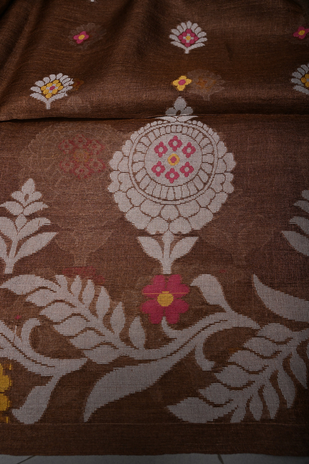 Coffee Brown Tussar Silk Saree with Jamdani Weave Buttas and Border  | SILK MARK CERTIFIED