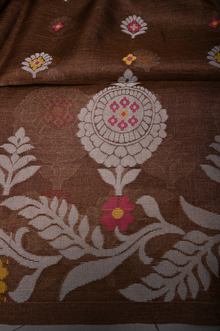 Coffee Brown Tussar Silk Saree with Jamdani Weave Buttas and Border  | SILK MARK CERTIFIED