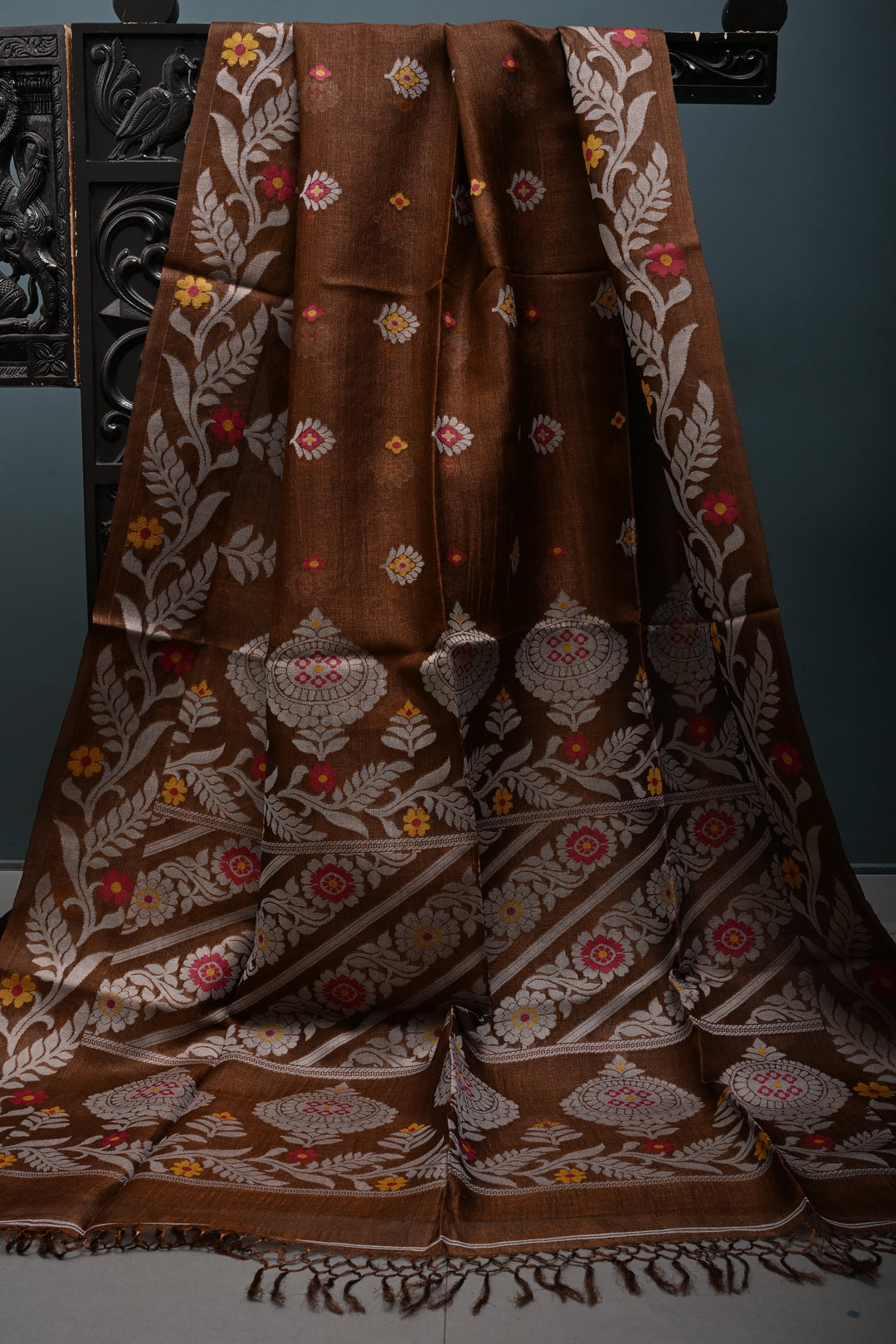Coffee Brown Tussar Silk Saree with Jamdani Weave Buttas and Border  | SILK MARK CERTIFIED
