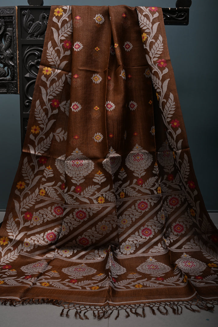 Coffee Brown Tussar Silk Saree with Jamdani Weave Buttas and Border  | SILK MARK CERTIFIED