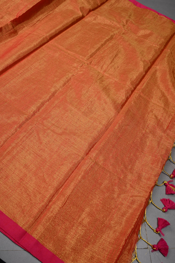 Orange-Gold Tissue by Tissue Saree with Minimal Border ,No Blouse Piece| SHOBITAM