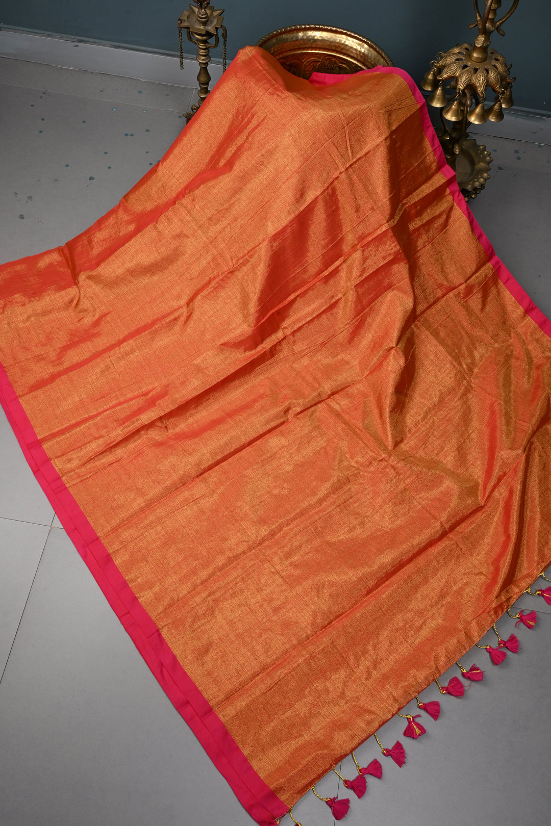 Orange-Gold Tissue by Tissue Saree with Minimal Border ,No Blouse Piece| SHOBITAM
