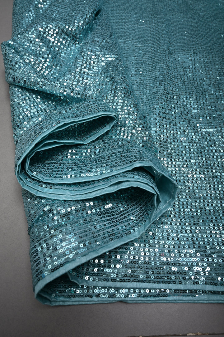 Teal Blue Full Sequins Embellished on Net Partywear Saree | SHOBITAM