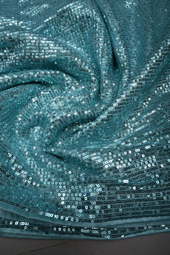 Teal Blue Full Sequins Embellished on Net Partywear Saree | SHOBITAM