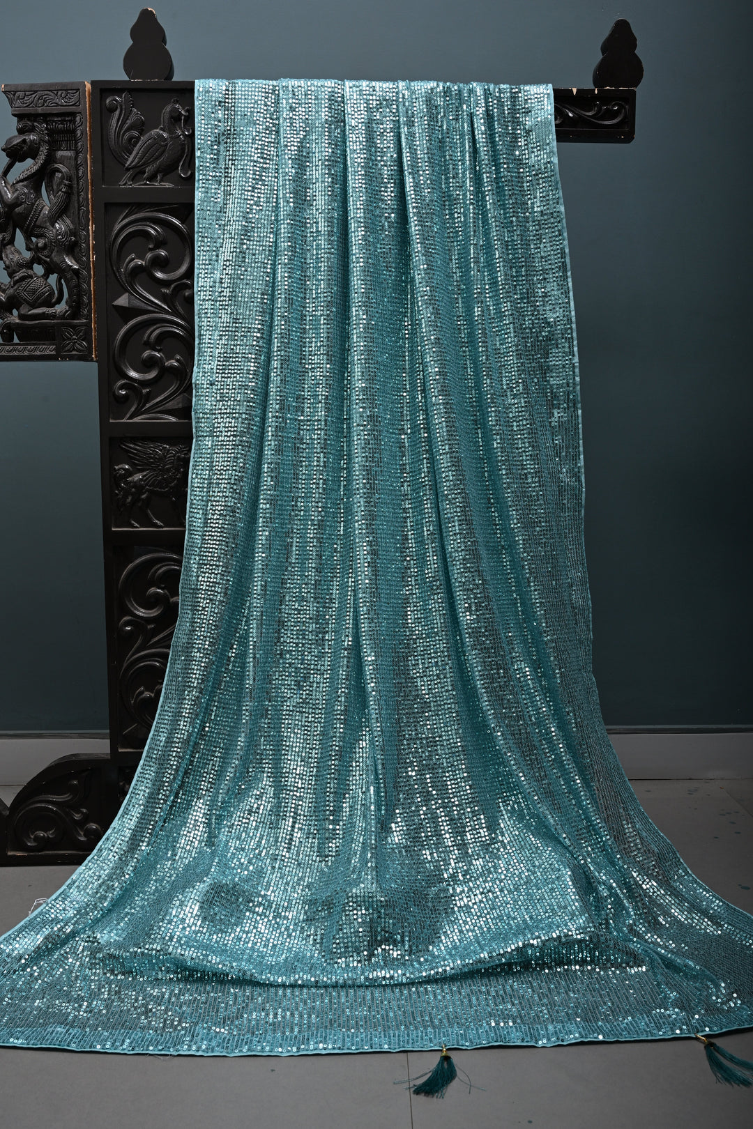 Teal Blue Full Sequins Embellished on Net Partywear Saree | SHOBITAM