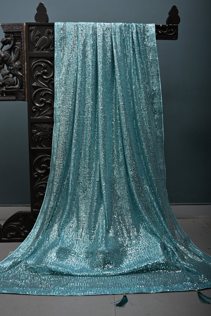 Teal Blue Full Sequins Embellished on Net Partywear Saree | SHOBITAM