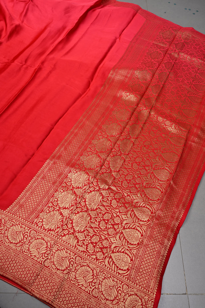 Red-Pink Ombre Vegan Viscose Silk Saree with Floral Zari Border | SHOBITAM