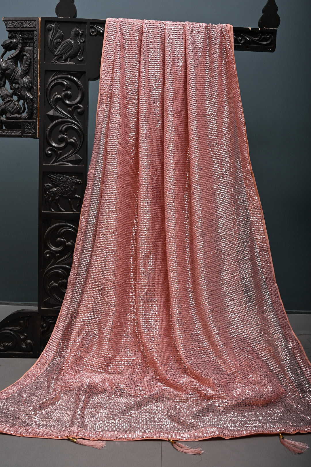 Salmon Pink Full Sequins Embellished on Net Partywear Saree | SHOBITAM