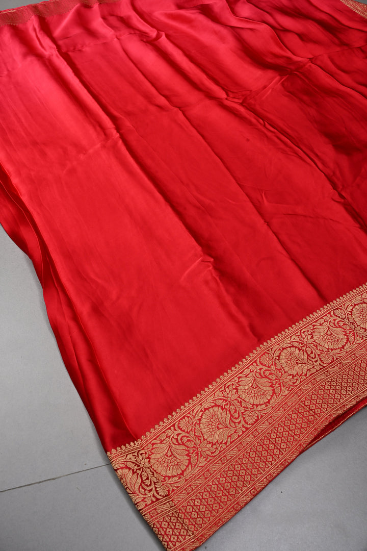 Red-Pink Ombre Vegan Viscose Silk Saree with Floral Zari Border | SHOBITAM