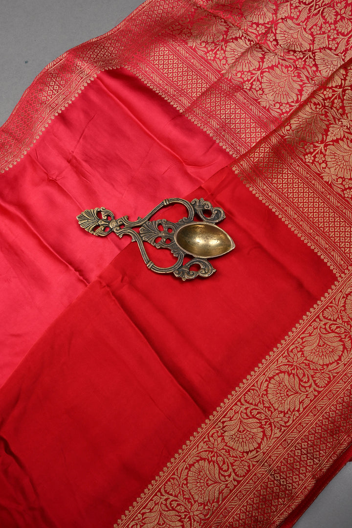 Red-Pink Ombre Vegan Viscose Silk Saree with Floral Zari Border | SHOBITAM