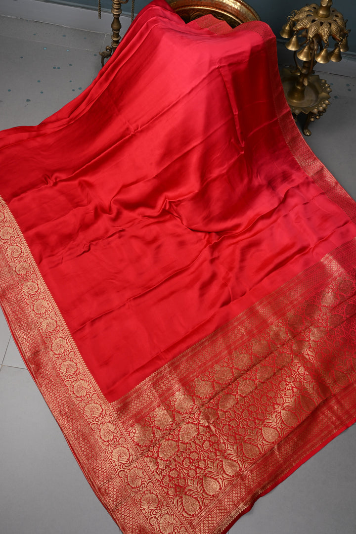 Red-Pink Ombre Vegan Viscose Silk Saree with Floral Zari Border | SHOBITAM