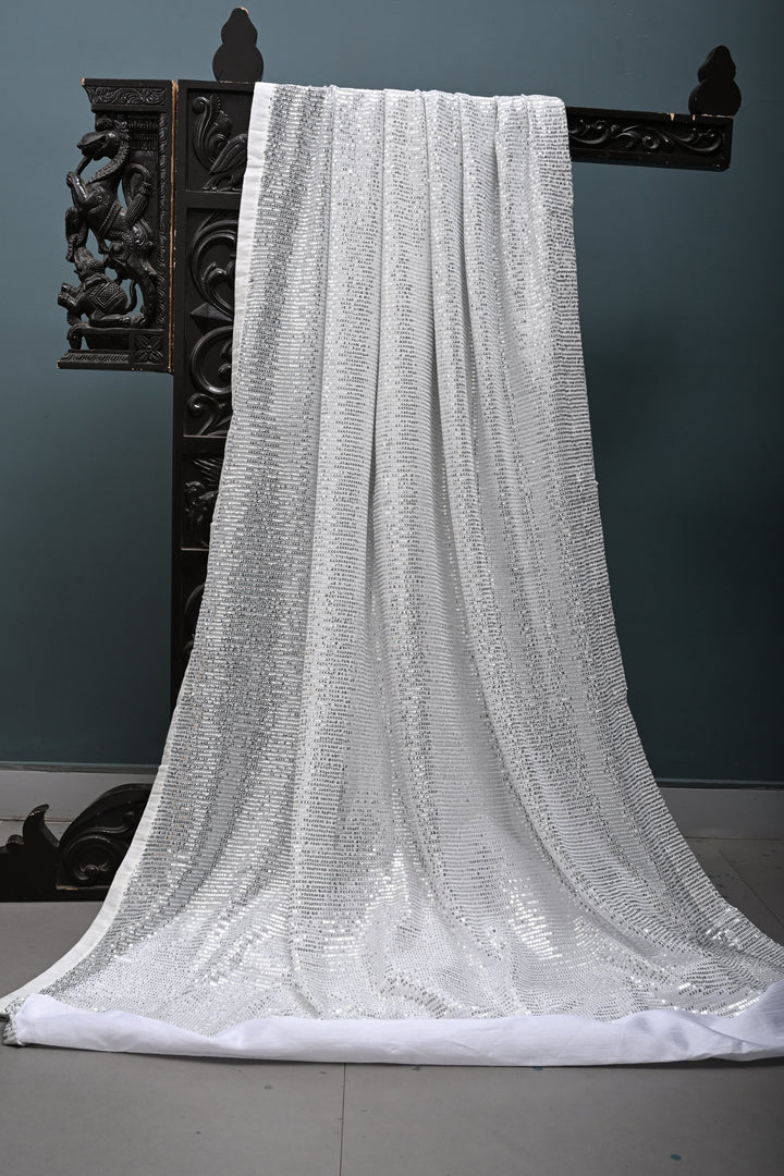 White Full Sequins Embellished on Net Partywear Saree | SHOBITAM