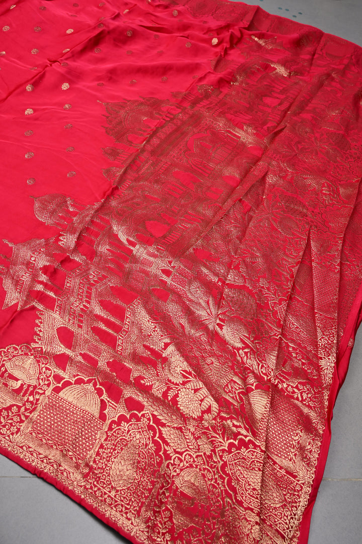 Rose Red Vegan Viscose Silk Saree with Floral Zari Buttas and Scallop Border | SHOBITAM