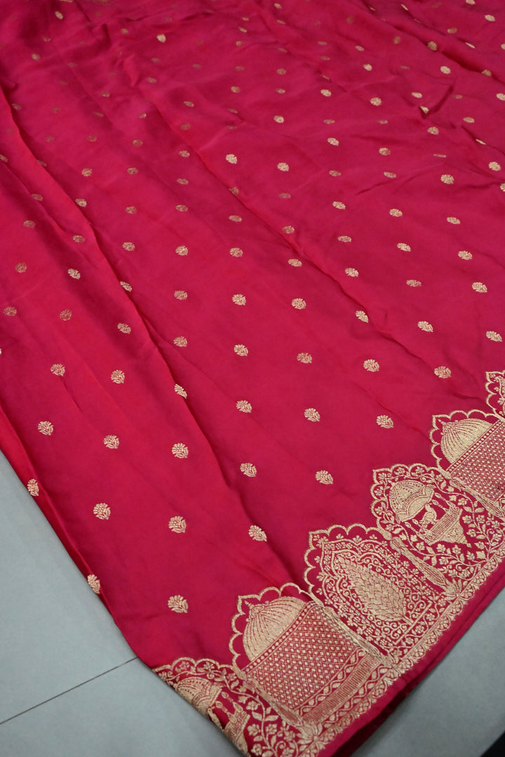 Rose Red Vegan Viscose Silk Saree with Floral Zari Buttas and Scallop Border | SHOBITAM