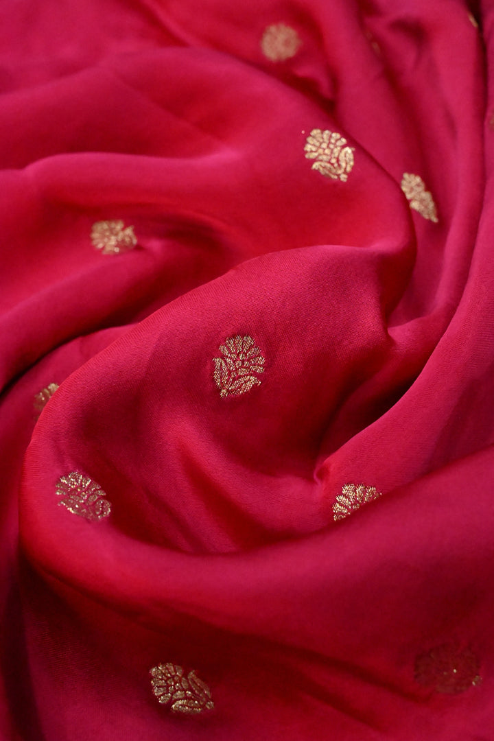 Rose Red Vegan Viscose Silk Saree with Floral Zari Buttas and Scallop Border | SHOBITAM