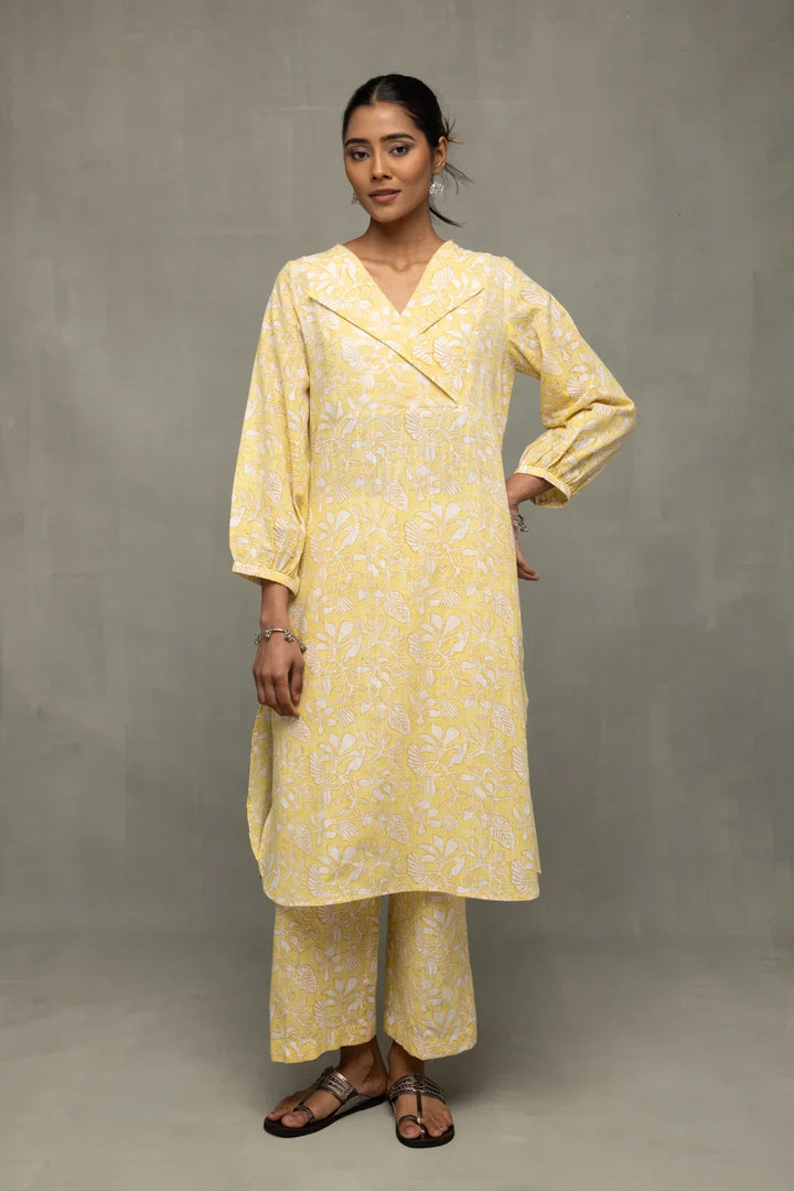 Yellow Gul Jaal Hand Block Print Co-Ord Set | SHOBITAM