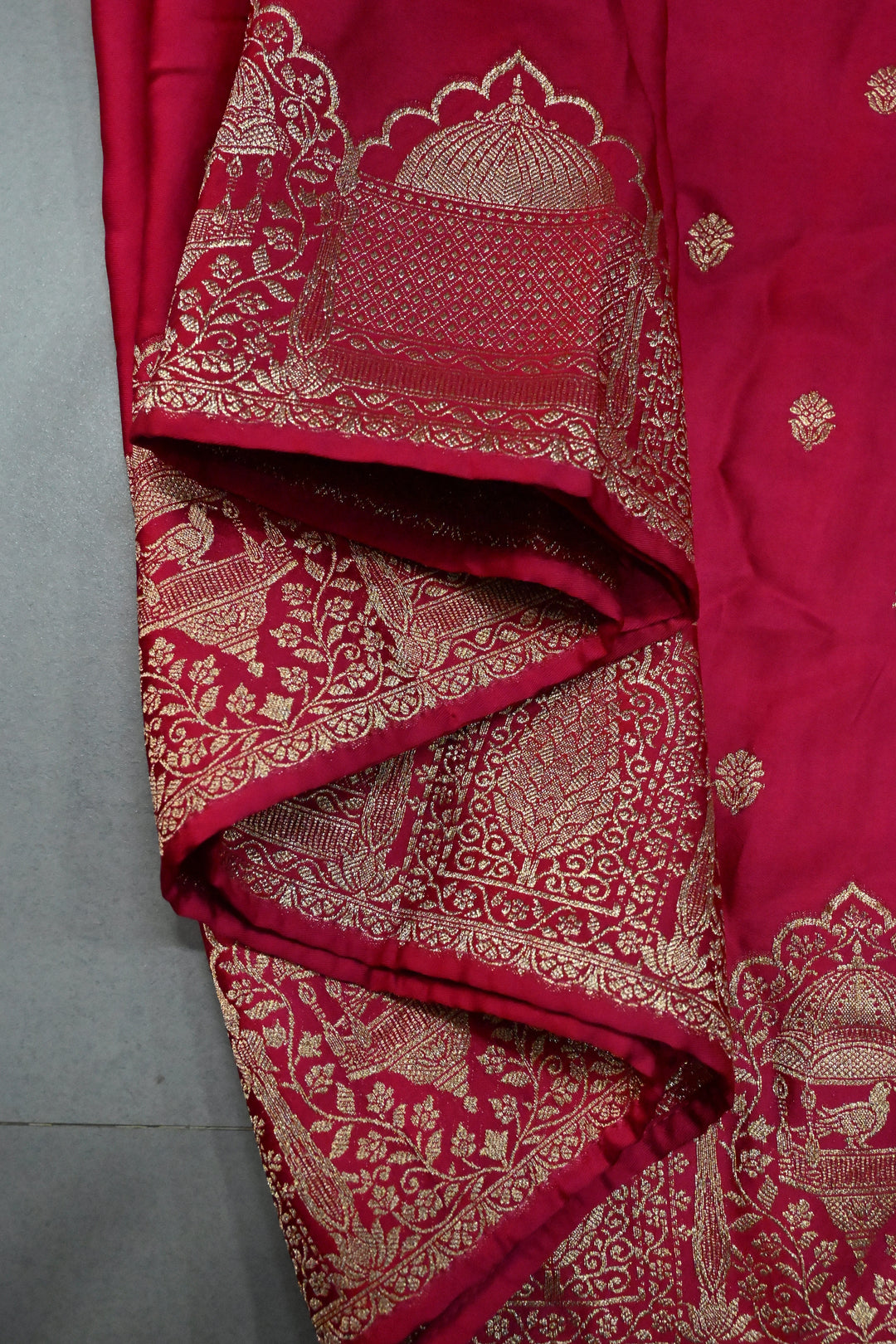 Rose Red Vegan Viscose Silk Saree with Floral Zari Buttas and Scallop Border | SHOBITAM