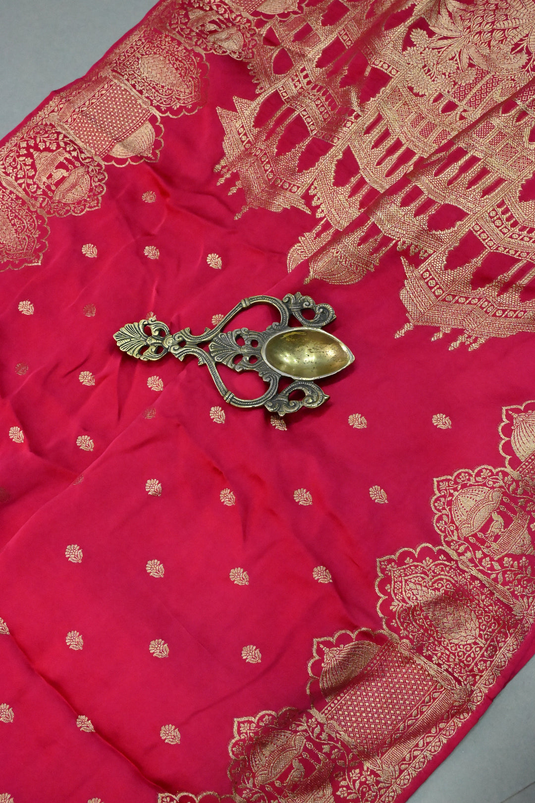 Rose Red Vegan Viscose Silk Saree with Floral Zari Buttas and Scallop Border | SHOBITAM