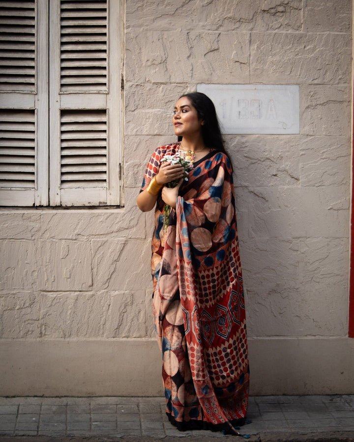 Polka Charm Hand Block Print on Modal Silk Saree with Ajrakh Pallu