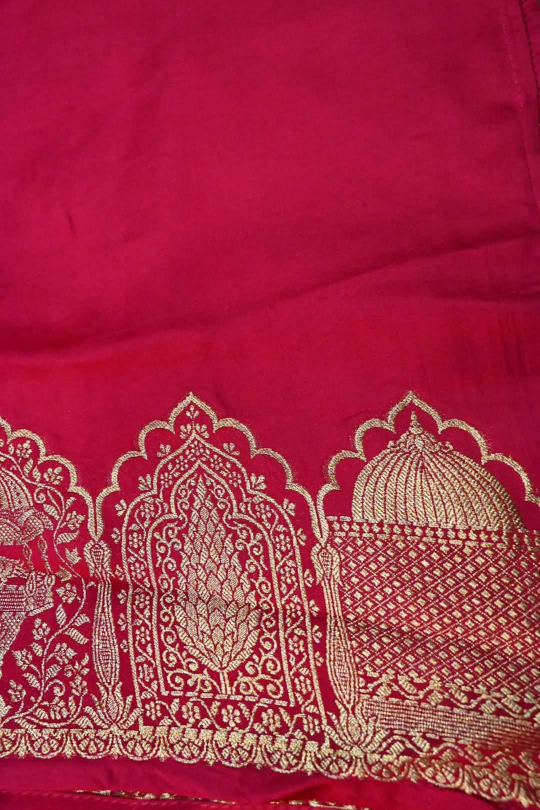 Rose Red Vegan Viscose Silk Saree with Floral Zari Buttas and Scallop Border | SHOBITAM