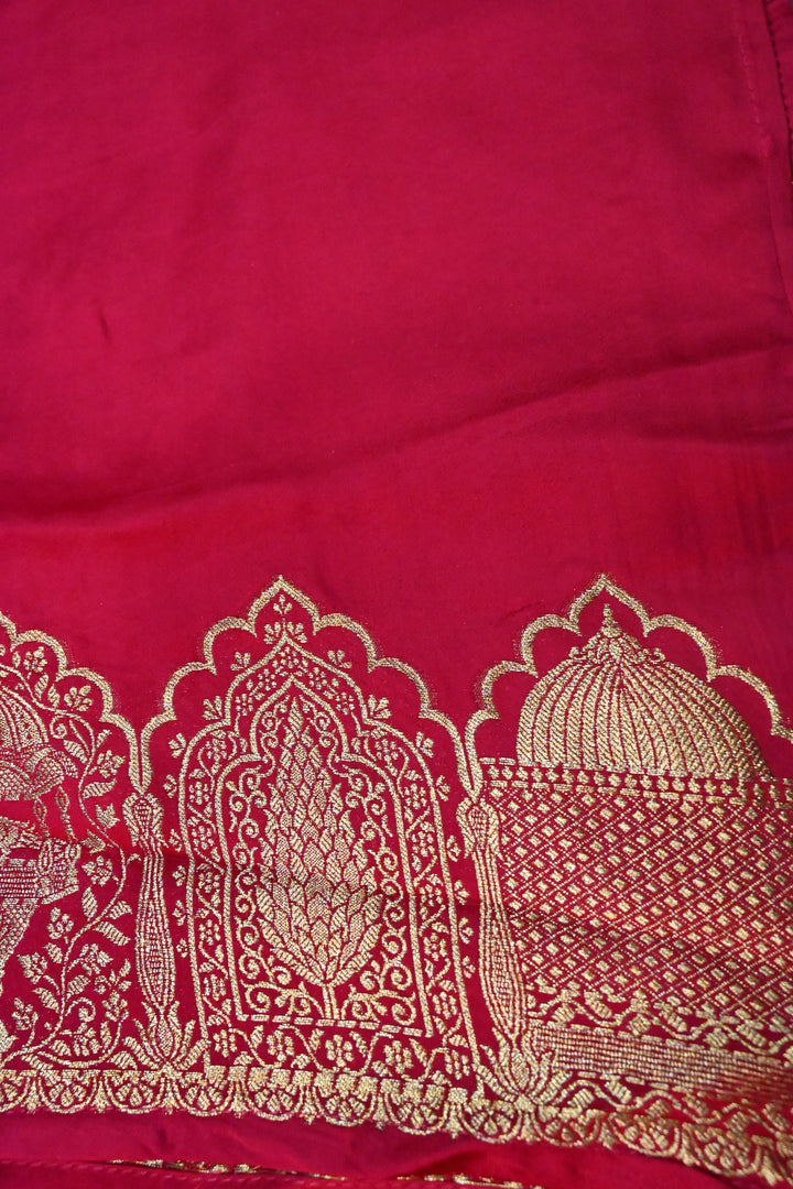 Rose Red Vegan Viscose Silk Saree with Floral Zari Buttas and Scallop Border | SHOBITAM
