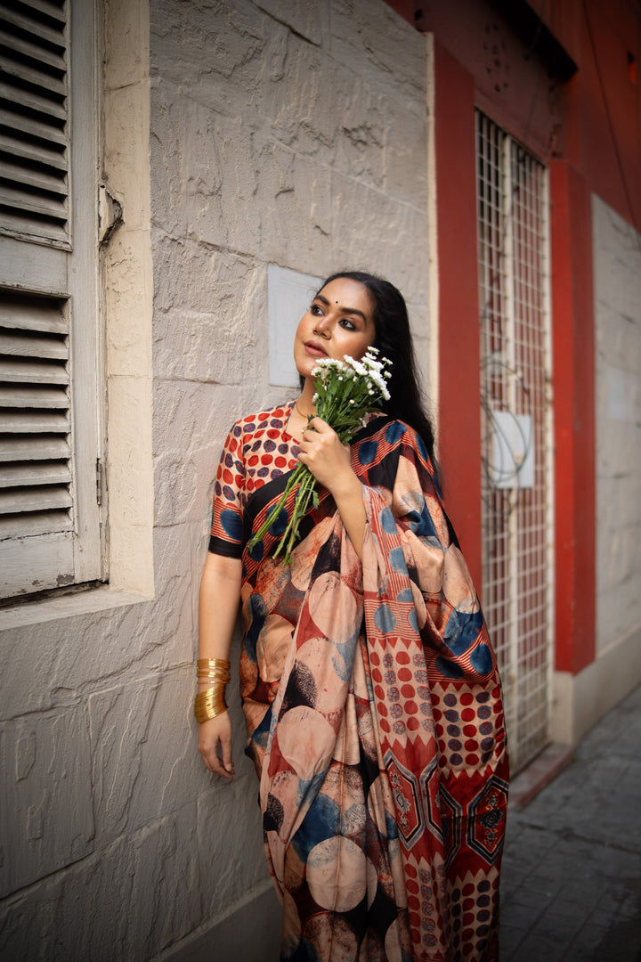 Polka Charm Hand Block Print on Modal Silk Saree with Ajrakh Pallu