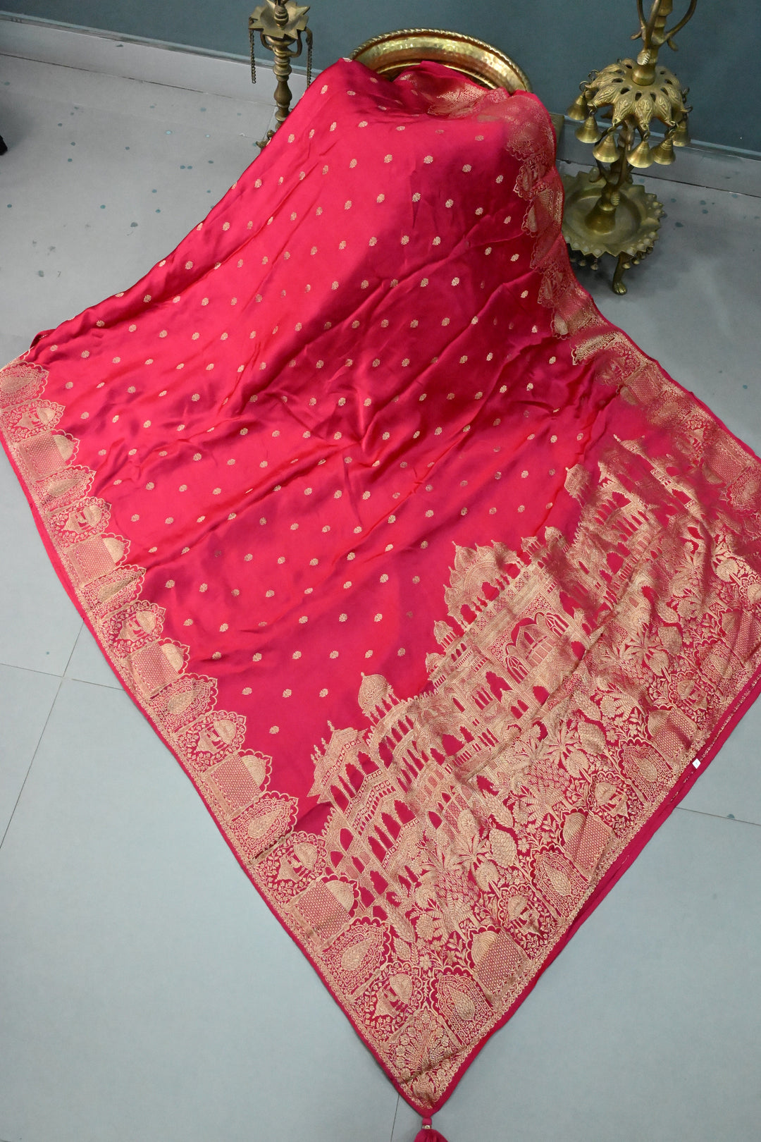 Rose Red Vegan Viscose Silk Saree with Floral Zari Buttas and Scallop Border | SHOBITAM