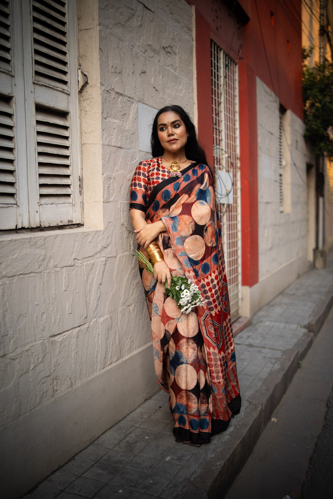 Polka Charm Hand Block Print on Modal Silk Saree with Ajrakh Pallu