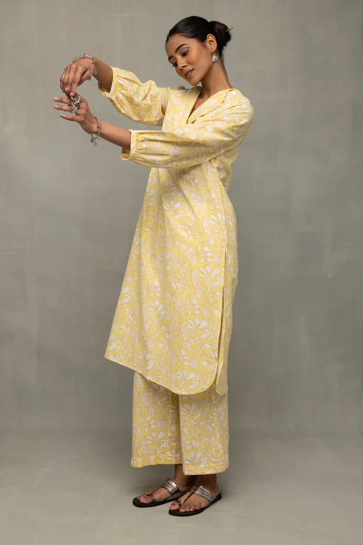 Yellow Gul Jaal Hand Block Print Co-Ord Set | SHOBITAM