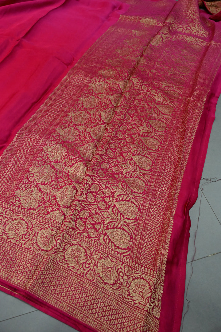 Shades Of Pink Vegan Viscose Silk Saree with Floral Zari Border | SHOBITAM
