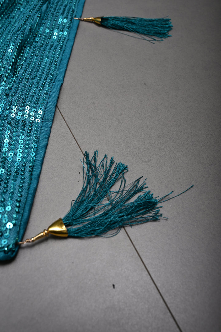 Teal Blue Full Sequins Embellished on Net Partywear Saree | SHOBITAM