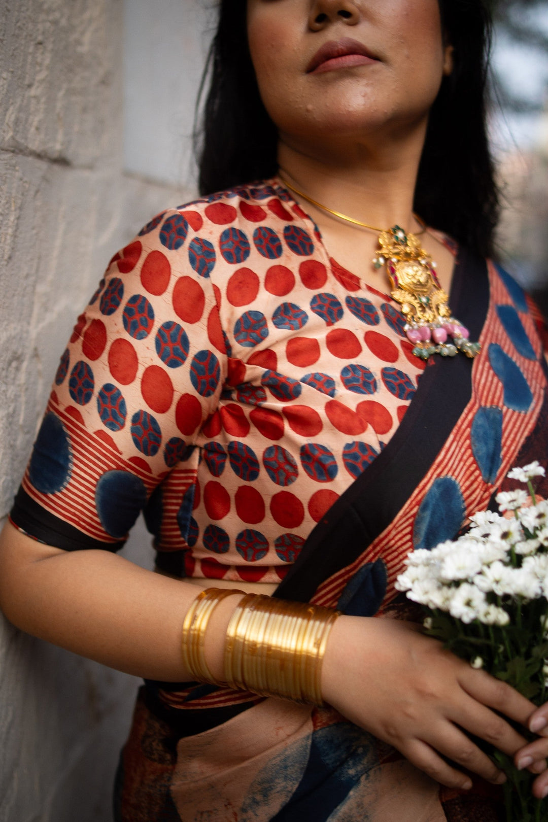 Polka Charm Hand Block Print on Modal Silk Saree with Ajrakh Pallu