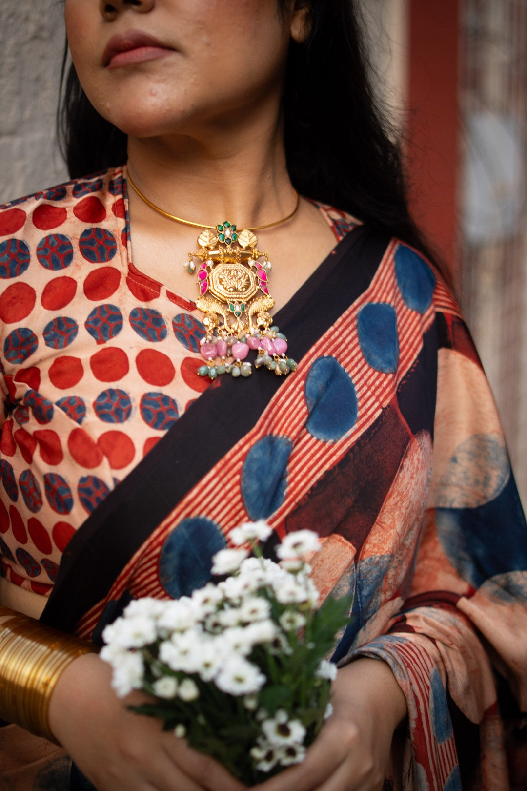 Polka Charm Hand Block Print on Modal Silk Saree with Ajrakh Pallu