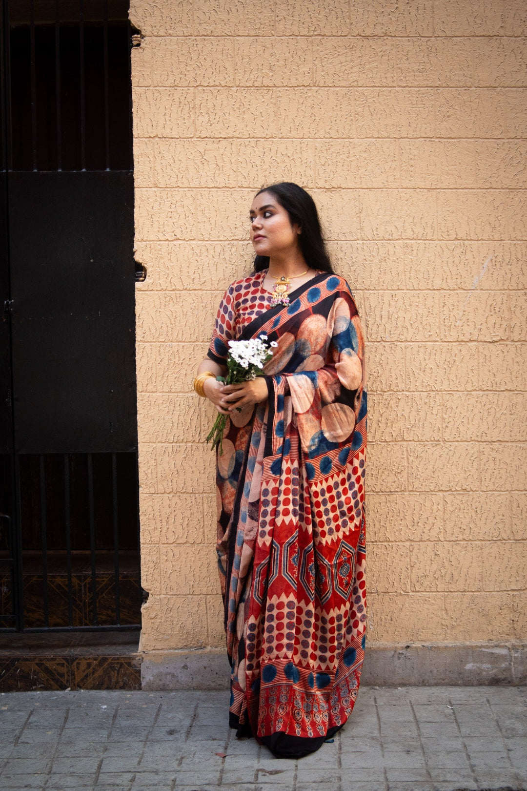 Polka Charm Hand Block Print on Modal Silk Saree with Ajrakh Pallu