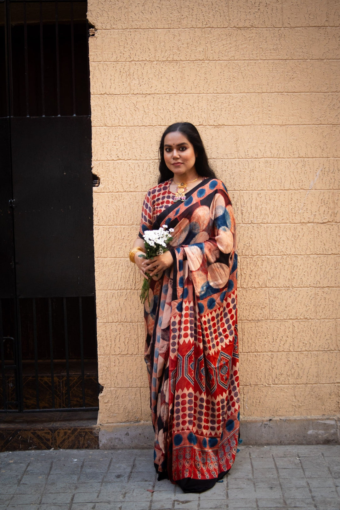 Polka Charm Hand Block Print on Modal Silk Saree with Ajrakh Pallu